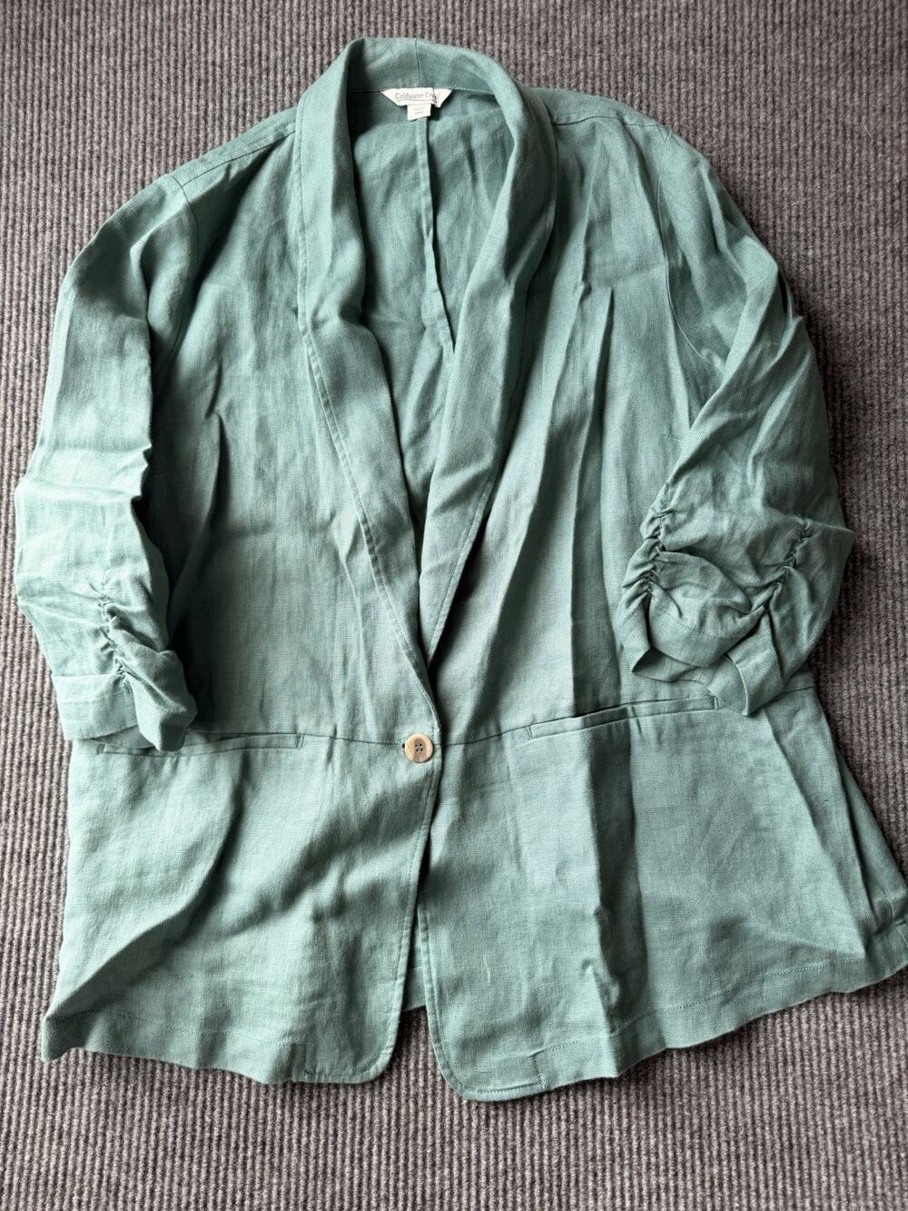 Coldwater Creek 20W 100% Linen Blazer Jacket Seafoam Green Ruched Sleeves
